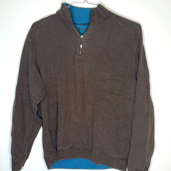 Medium Tommy Bahama Reversible Chocolate Brown-Blue LS 1/4 Zip Top - Picture 3 of 5